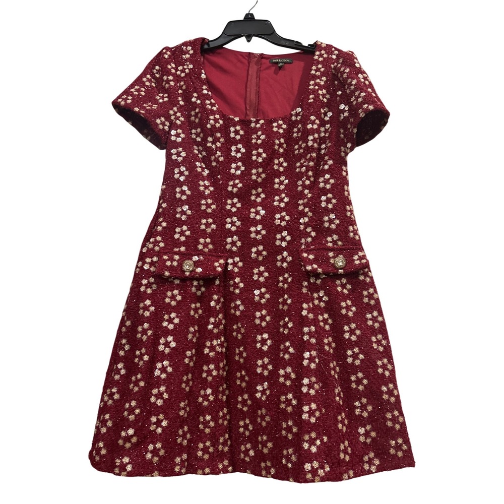 Seni & Cade Women Wine Red Sequin Floral Tweed Mini Dress Size M New